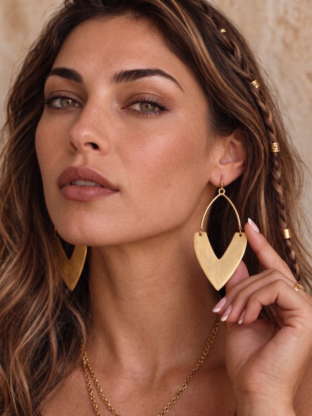 Brass Antique Gold Geometric V Drop Bohemian Artisan Dangle Earrings 3.2"